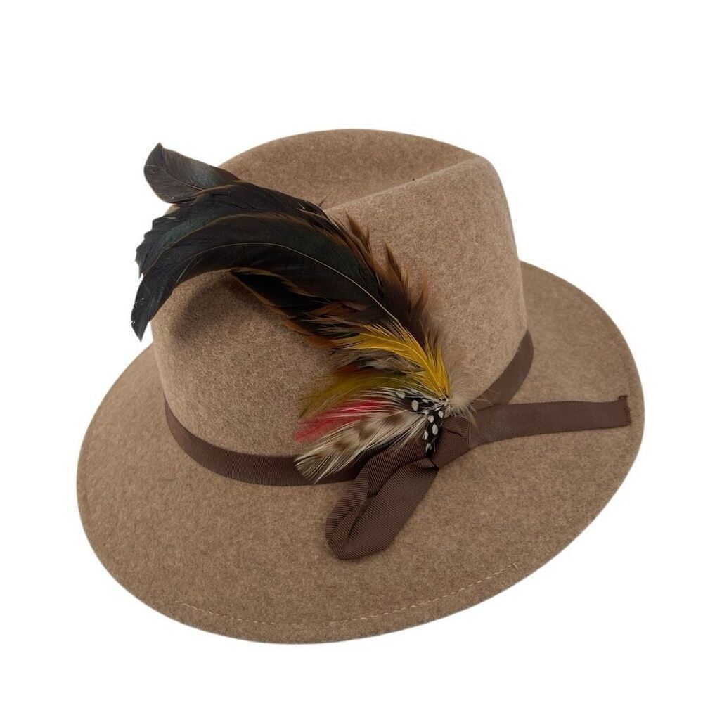 Vintage Knox Custom Felt Fedora Hat with Feather Accent Tan Wool Made in USA